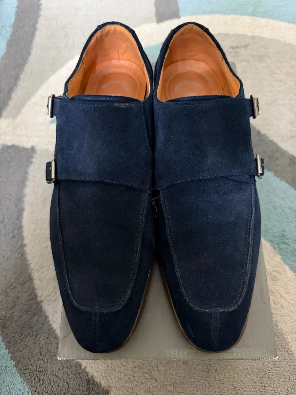 Stacy Adams Navy Suede Double Monk Strap Oxfords with Tan Lining